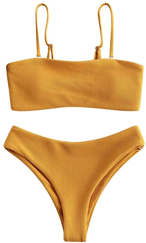 ZAFUL Bandeau Bikini Set Textured Removable Straps High Cut Bathing Suit