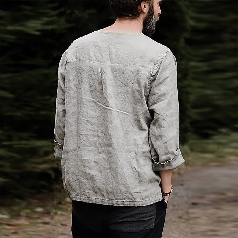 Aonga - Men's Linen Cotton Long Sleeve Solid Lace Up T-ShirtsF aonga