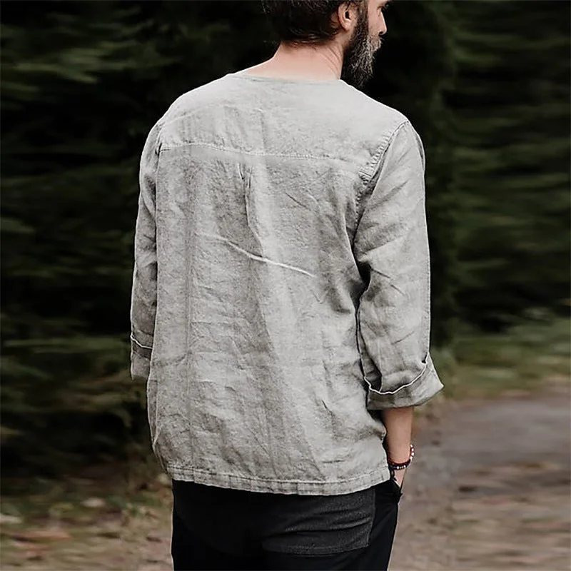 Aonga - Men's Linen Cotton Long Sleeve Solid Lace Up T-ShirtsF aonga