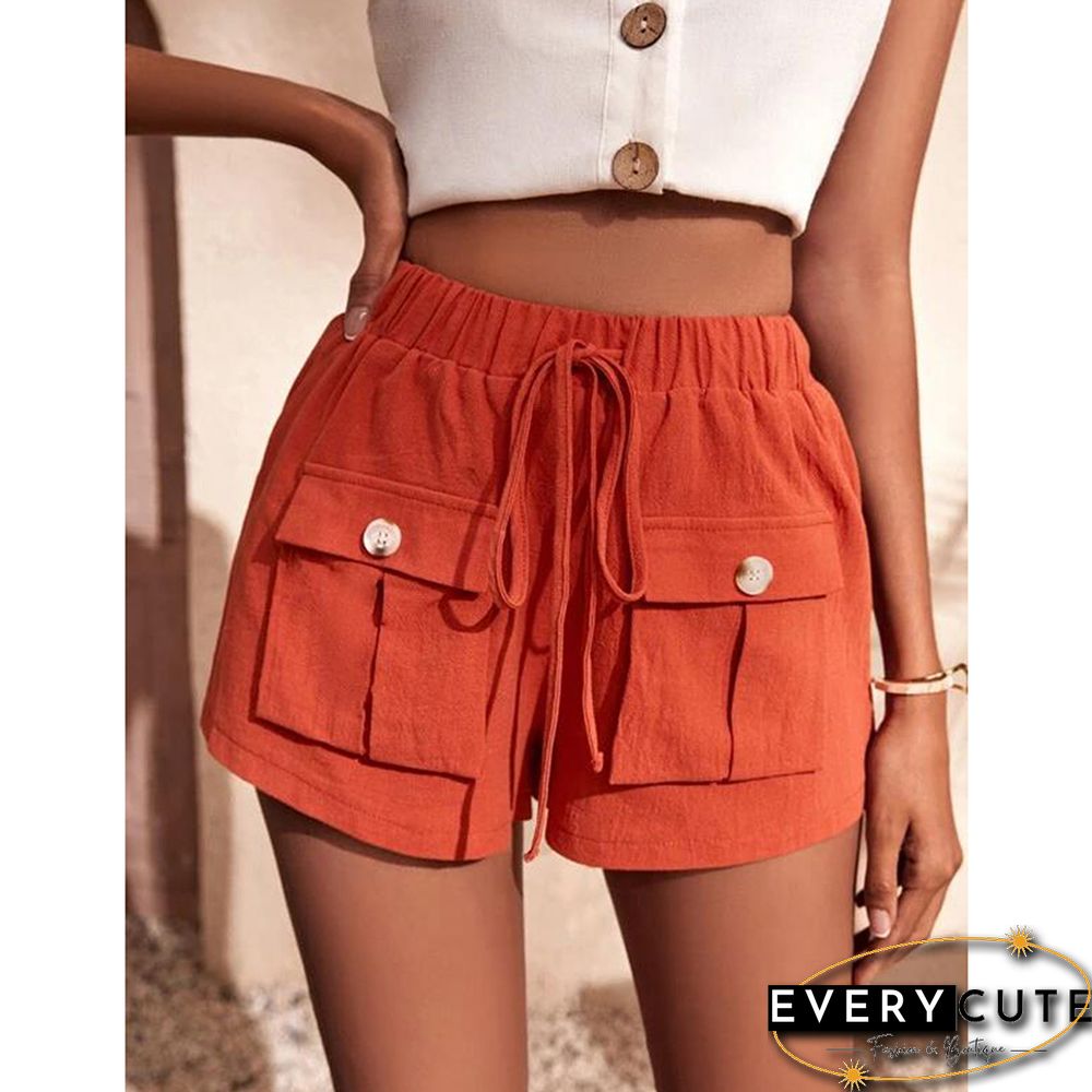 Orange Mid-waist Pocket Overall Shorts