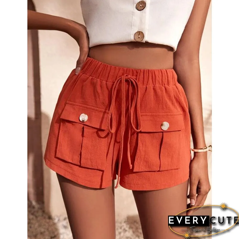 Orange Mid-waist Pocket Overall Shorts