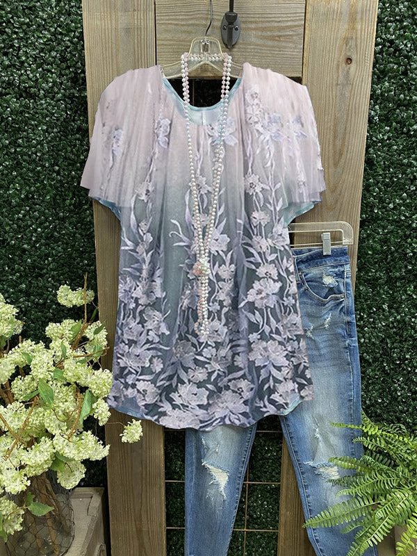 Floral Print Crew Neck Short Sleeve Cotton-Blend Shirts & Tops