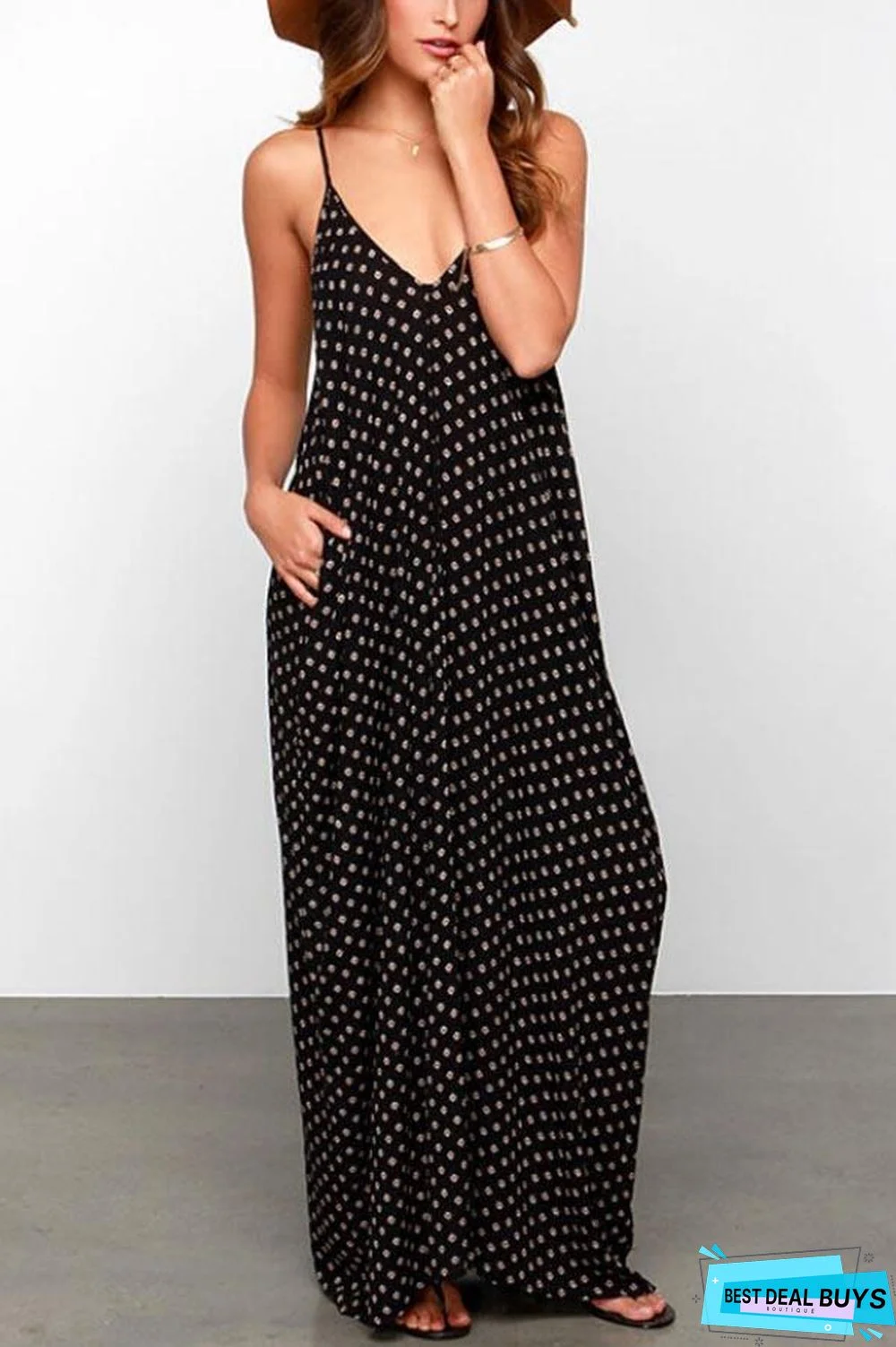 Pockets Polka Dots Spaghetti Backless Maxi Dress Black Dresses
