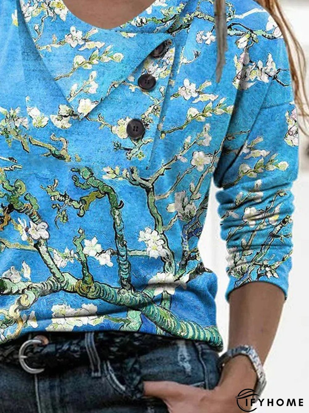 Best Selling Womens Casual Floral Lightweight Long Sleeve Crewneck H-Line Regular Size Top | IFYHOME