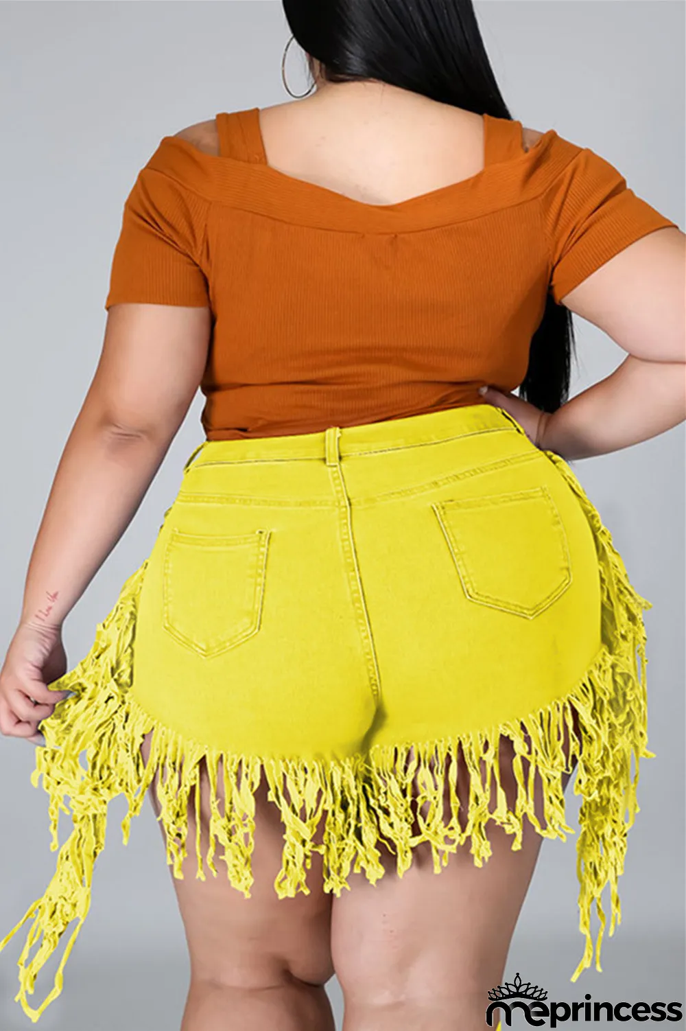 Yellow Fashion Casual Solid Tassel Plus Size Jeans