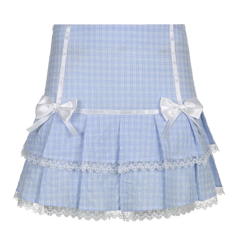 HOUZHOU Kawaii Blue Plaid Mini Skirt Women Japanese Sweet Cute Bow Lace Patchwork High Waist Double Pleated Lolita Skirt Summer