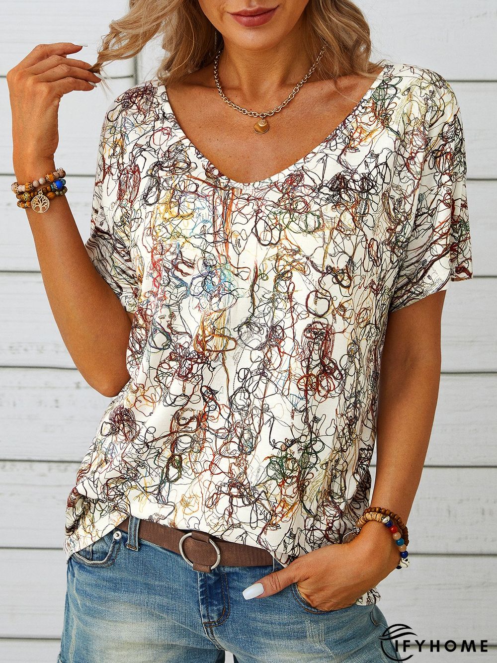Casual Short Sleeve V Neck Printed Top | IFYHOME