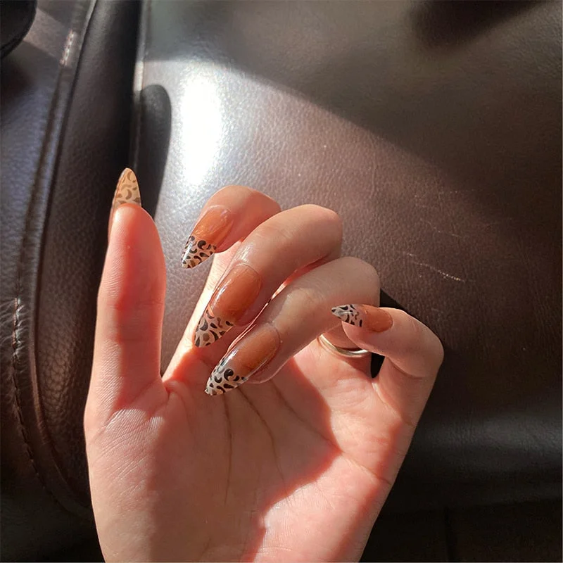 24pcs stiletto false press on nails matte Black color Leopard Wear Finished product wearable full cover acrylic nails products-Nail Inspo