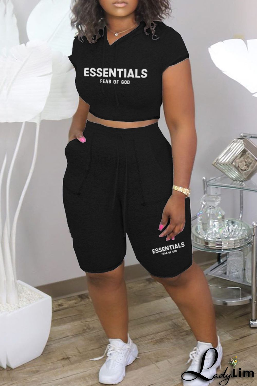 Burgundy Casual Letter Print Basic Hooded Collar Short Sleeve Two Pieces