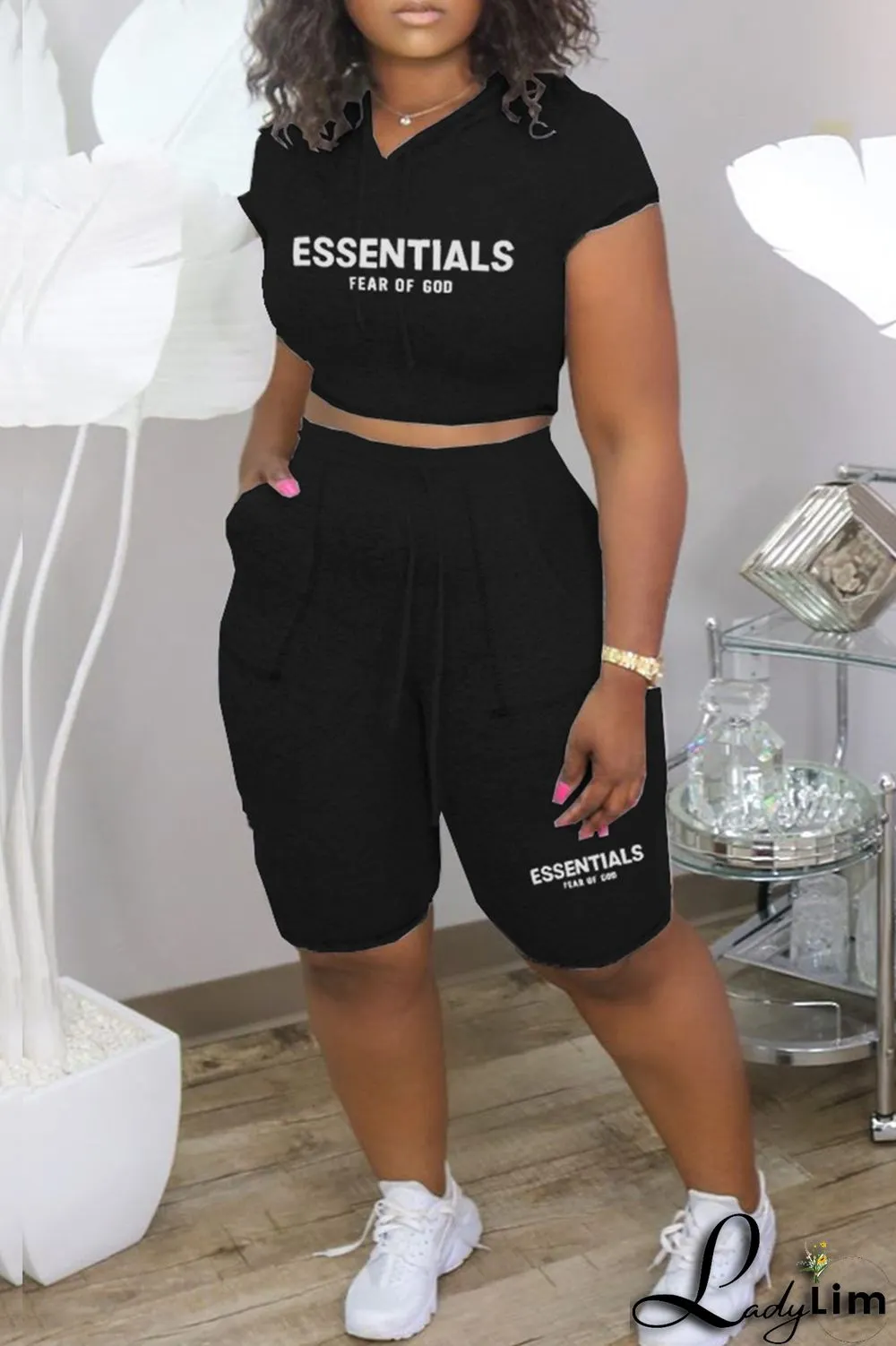 Burgundy Casual Letter Print Basic Hooded Collar Short Sleeve Two Pieces