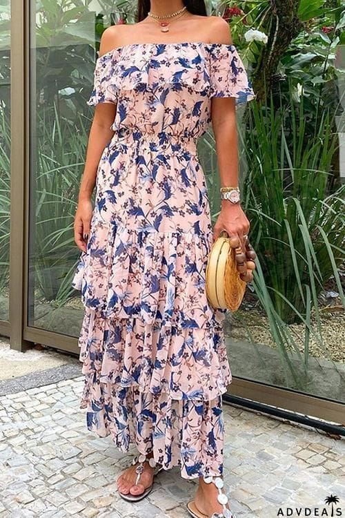 Off Shoulder Floral Layer Maxi Dress