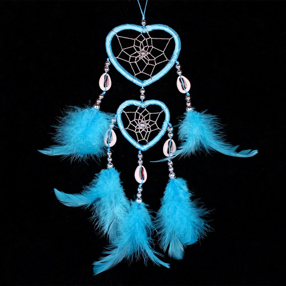 2 Circle Heart Shape Handmade Dream Catcher with Feathers Decor Craft Blue
