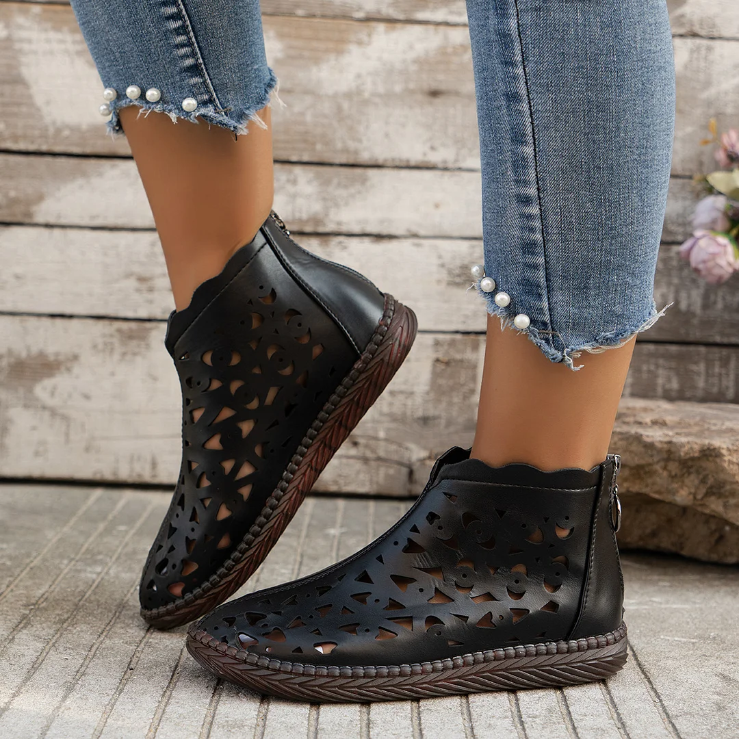 Breakj Breakj And Summer 2025 New Round Head Hollow Shoes Women Fashion Zipper Retro National Style In The Middle Of The Cool Boots