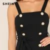 SHEIN Black Waist Belted Double Breasted Pinafore Jumpsuit Women Elegant 2019 Summer Plain Straps Sleeveless Party Jumpsuit
