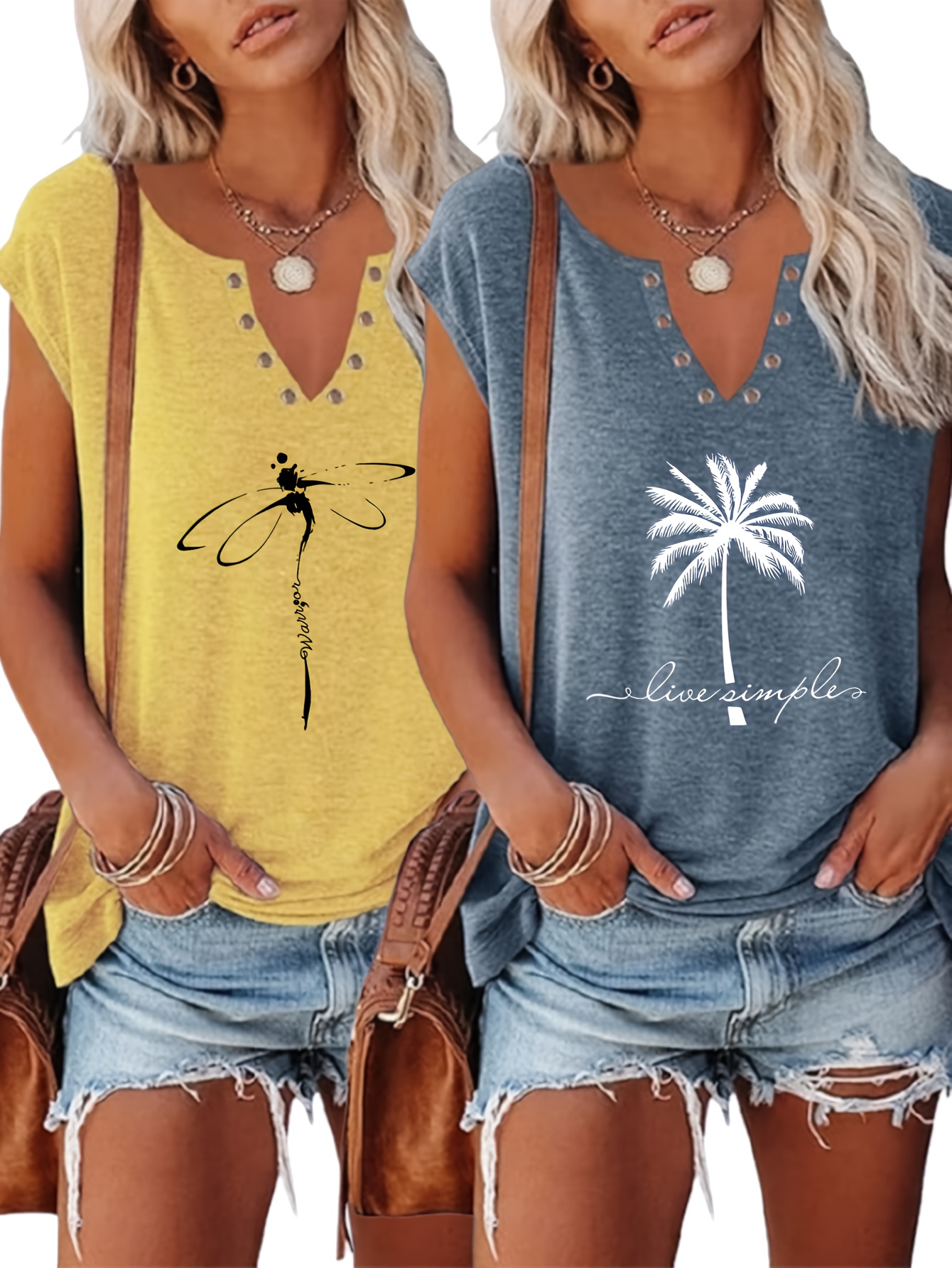 2025 European And American Fashion Printed Button V-Neck Vest Two-Piece Set | IFYHOME