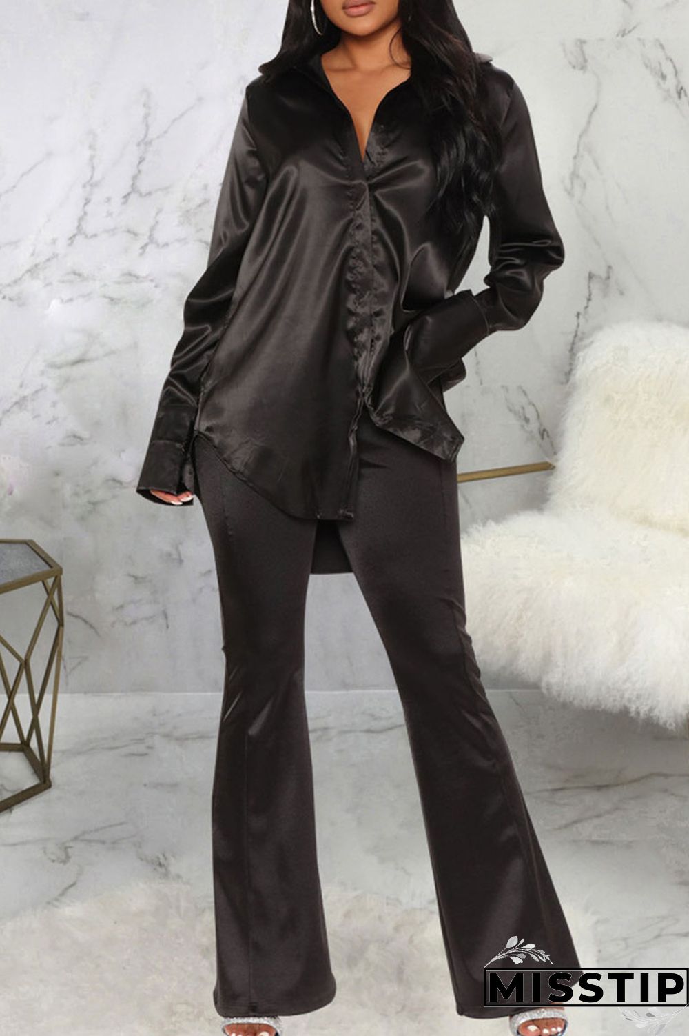 Black Casual Solid Patchwork Buckle Turndown Collar Tops