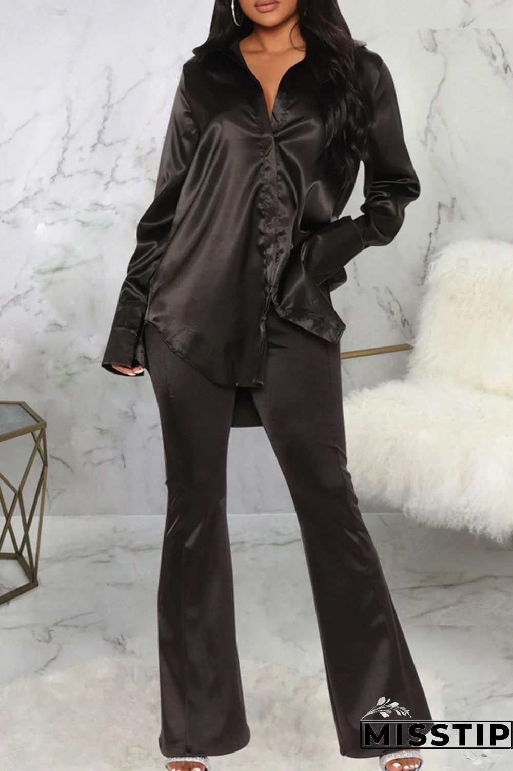 Black Casual Solid Patchwork Buckle Turndown Collar Tops