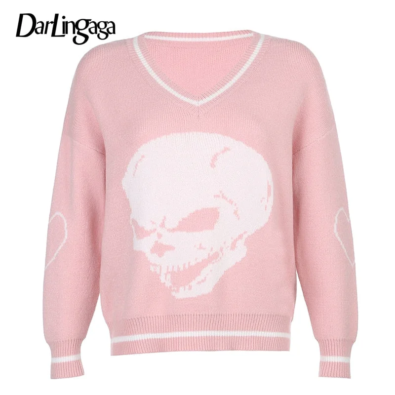 Darlingaga Harajuku Skull Print Loose Autumn Winter Sweater Women Pullovers Casual y2k Knitwear Jumpers 2020 Korean Sweaters New