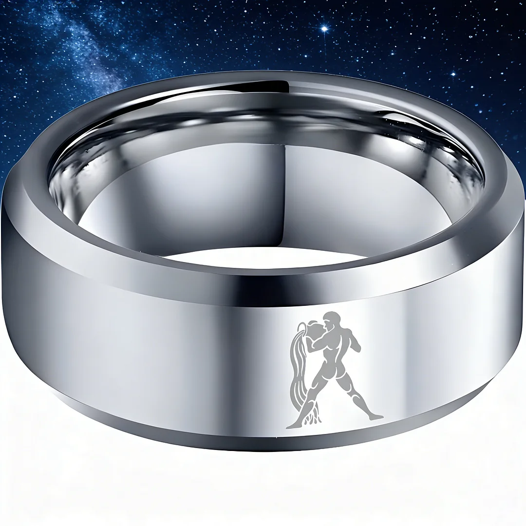 Sliver Aquarius Couple Wedding Bands Beveled Edges Sliver Laser Etched Tungsten Carbide Rings 4MM 6MM 8MM