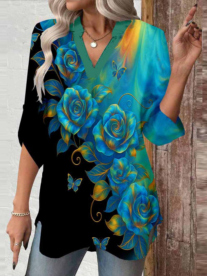 Women Floral,Turquoise DZGA0793 3/4 Sleeve V-neck Printed Graphic Button Tops