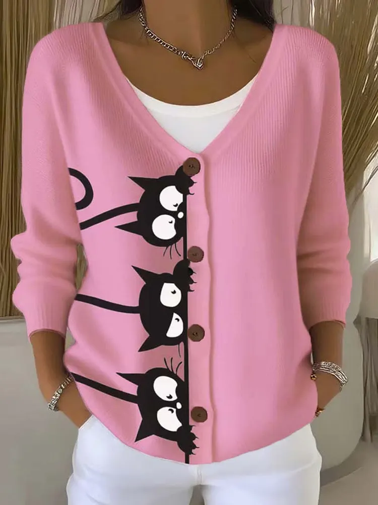 Funny Cats Art Print Buttoned V-neck Cardigan Sweater