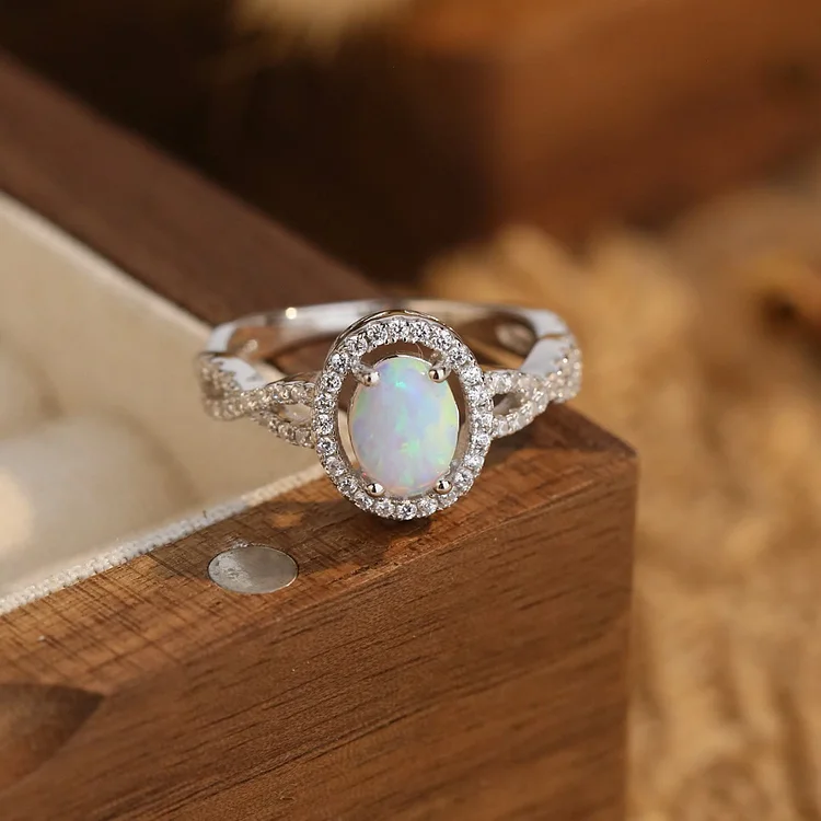 Olivenorma Oval Opal White Zircon Braided Design Ring