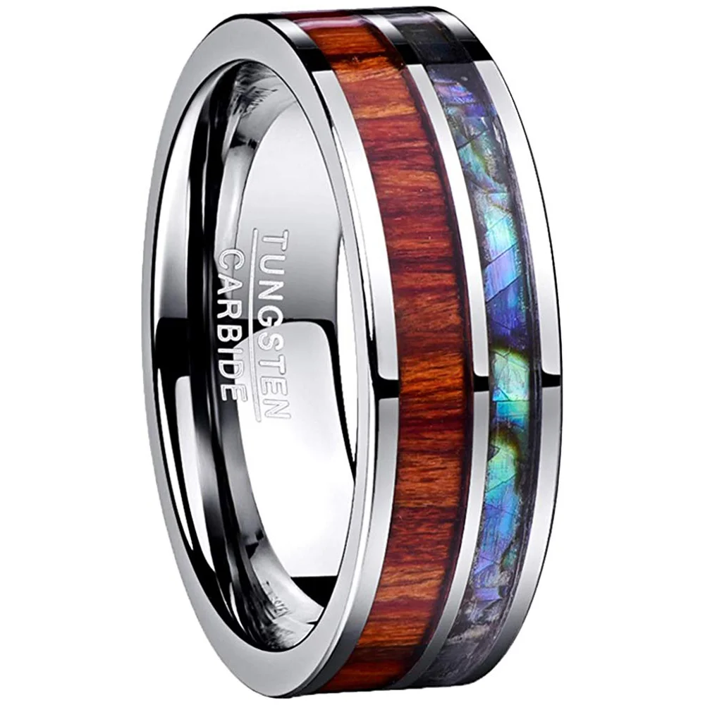 4MM 6MM 8MM 10MM Mens Women Tungsten Matching Wood and Shell Inlay Tungsten Carbide Ring Couple Wedding Band Flat Edge Comfort Fit Men Womens Rings