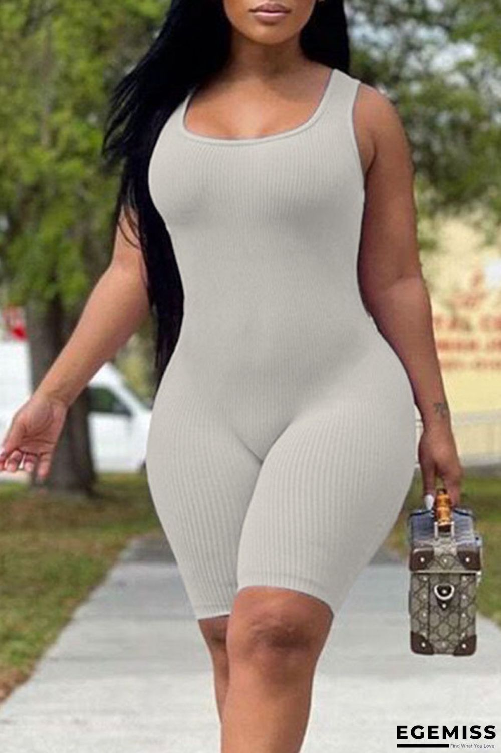 Grey Casual Solid Patchwork U Neck Regular Jumpsuits | EGEMISS