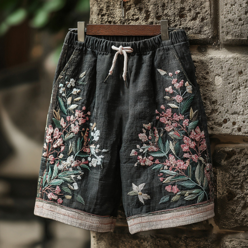 Men's Retro Floral Print Linen Casual Shorts  artssus