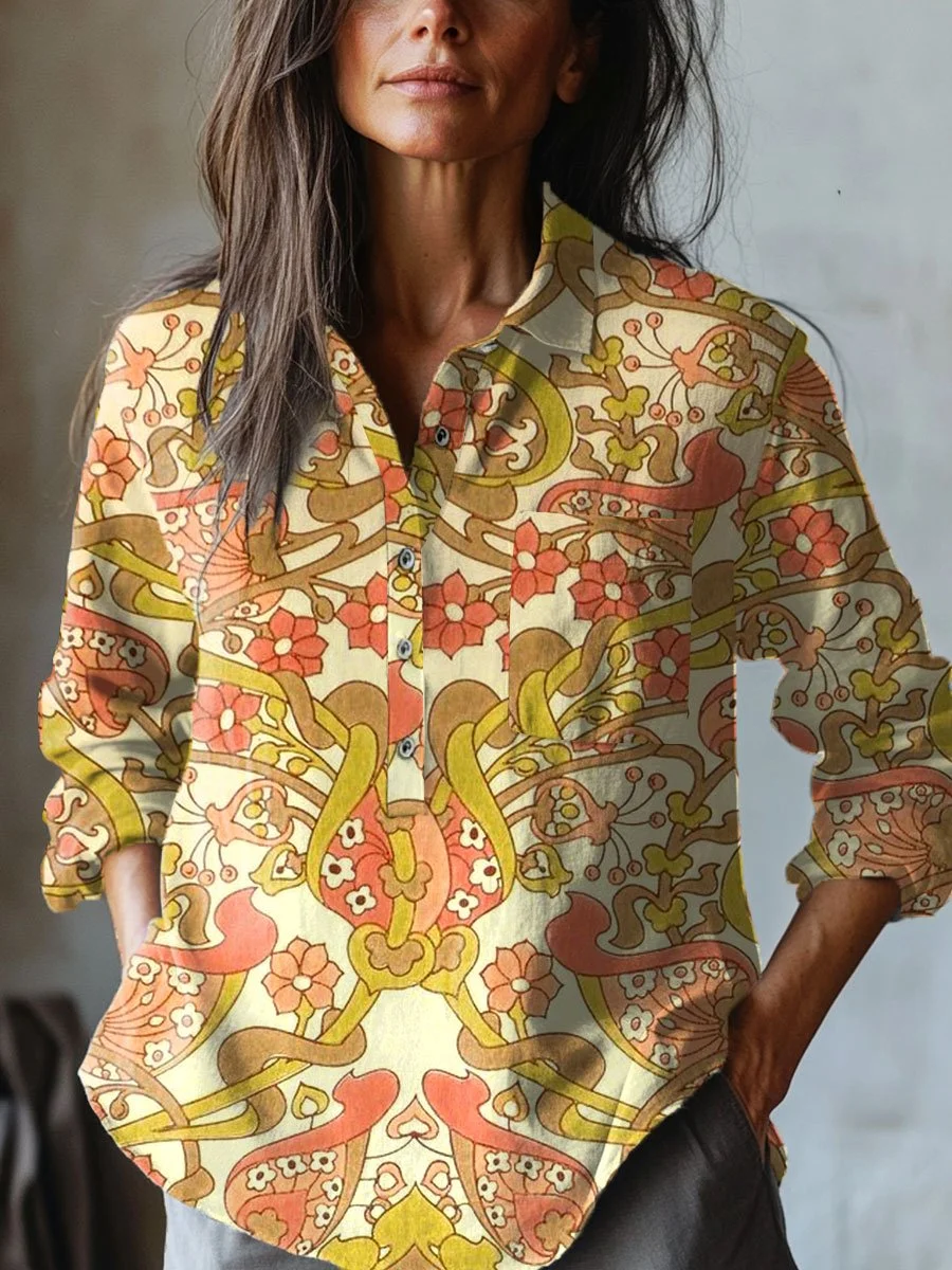 Women's   Floral  Art Print Casual Cotton And Linen Shirt
