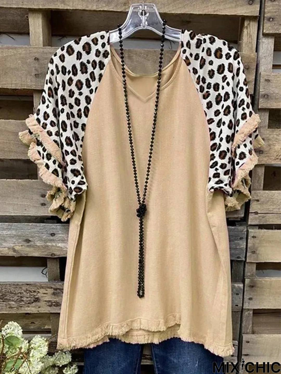 Vintage Leopard Printed Tassel Plus Size Short Sleeve V Neck Casual Tops