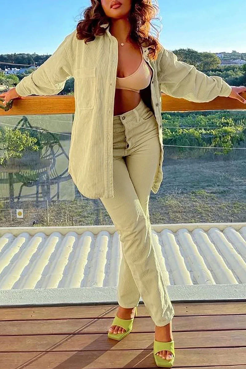 Khaki Casual Solid Split Joint Buckle Turndown Collar Long Sleeve Two Pieces