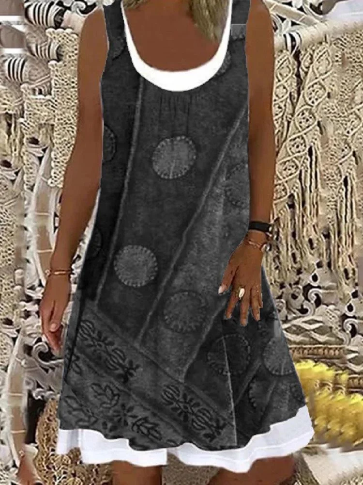 Women's Sleeveless Scoop Neck Printed Fake 2-Piece Mini Dress