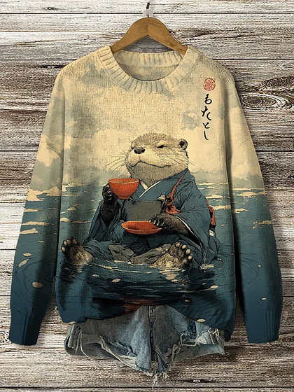 Women s Floral Otter Japanese Art Print Casual Sweatshirt