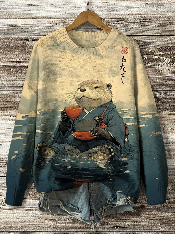 Women's River Kimono Otter Tasting Tea Japanese Art Print Knit Sweatshirt