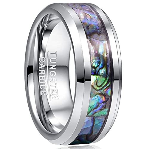 Natural Abalone Shell Mother Of Pearl Inlay Tungsten Wedding Bands Rings Men ​Women Beveled Edge