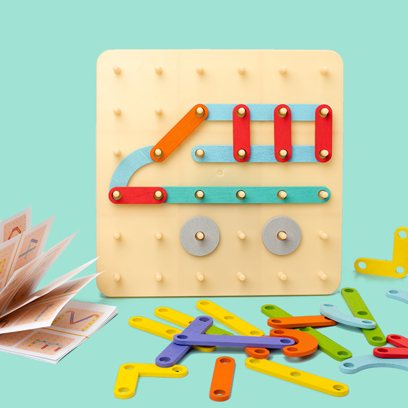 Tegooe Wooden Pegboard Geometric Shape Construction Kit - Creative Sensory Toy for Kids