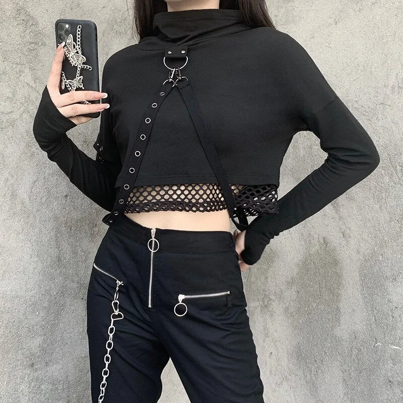 InsGoth Streetwear Punk Mesh Partchwork Black Hooded Hoodies Women Gothic Pullovers Long Sleeve Buckle Bandage Slim Hoodies Tops