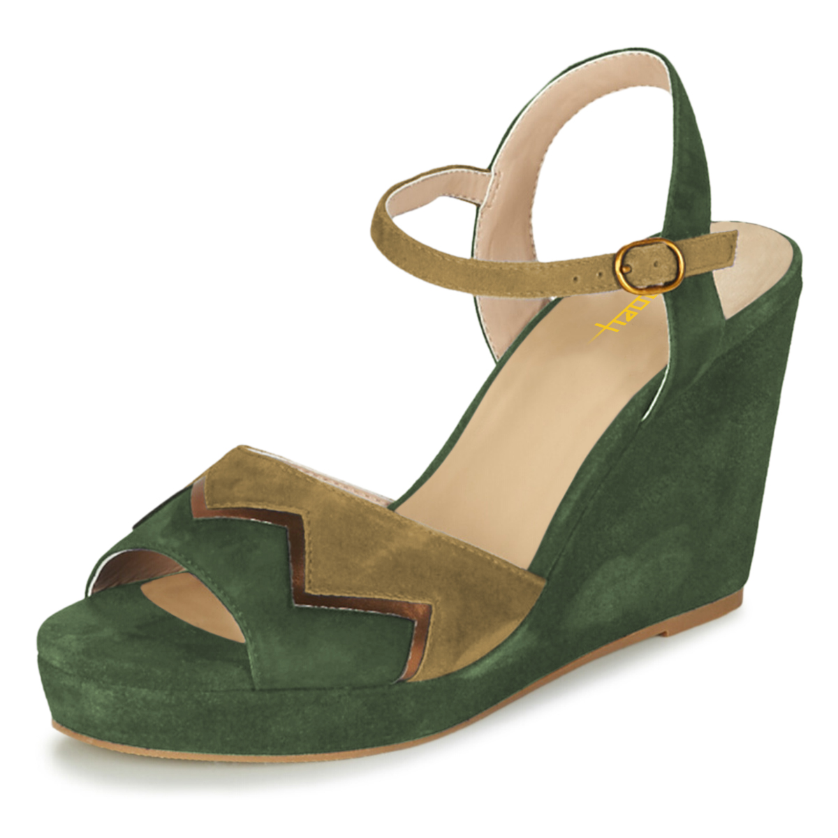 Green & Olive Open Toe Buckled Ankle Strap Platform Wedge Sandals Nicepairs
