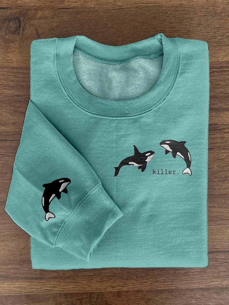 Killer Whale Embroidered Art Crew Neck Cozy Sweatshirt / DarkAcademias /Darkacademias
