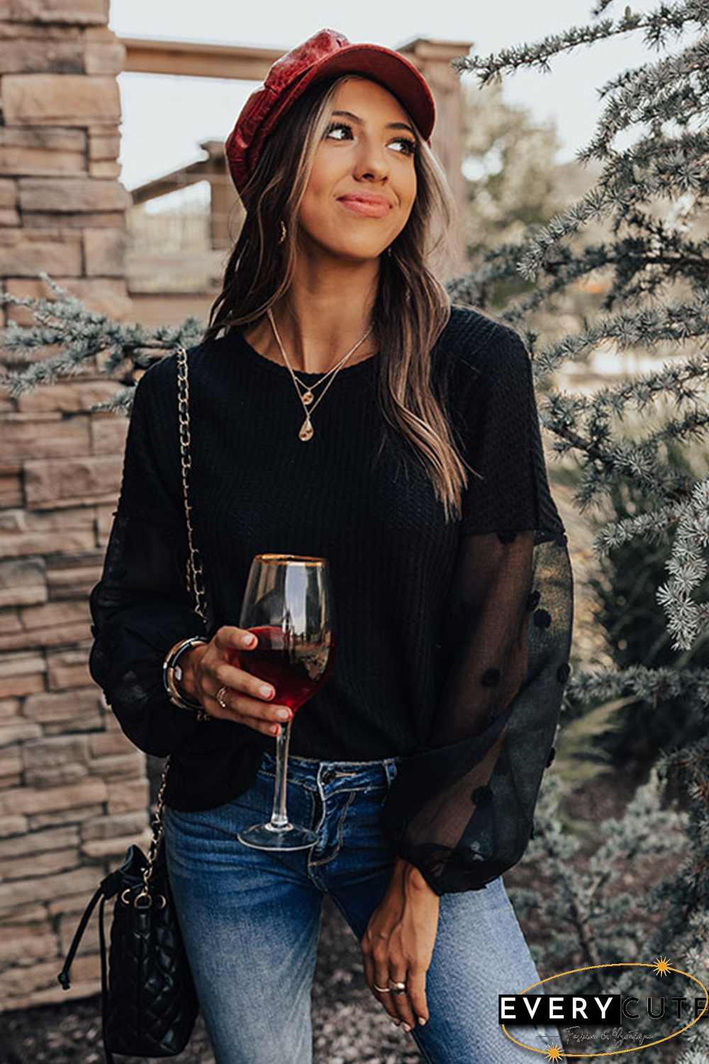 Polka Dot Mesh Sleeve Waffle Knit Top