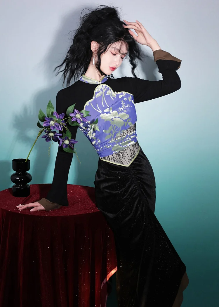 Italian Black Print Wrinkled Silk Velour Maxi Dresses Long Sleeve