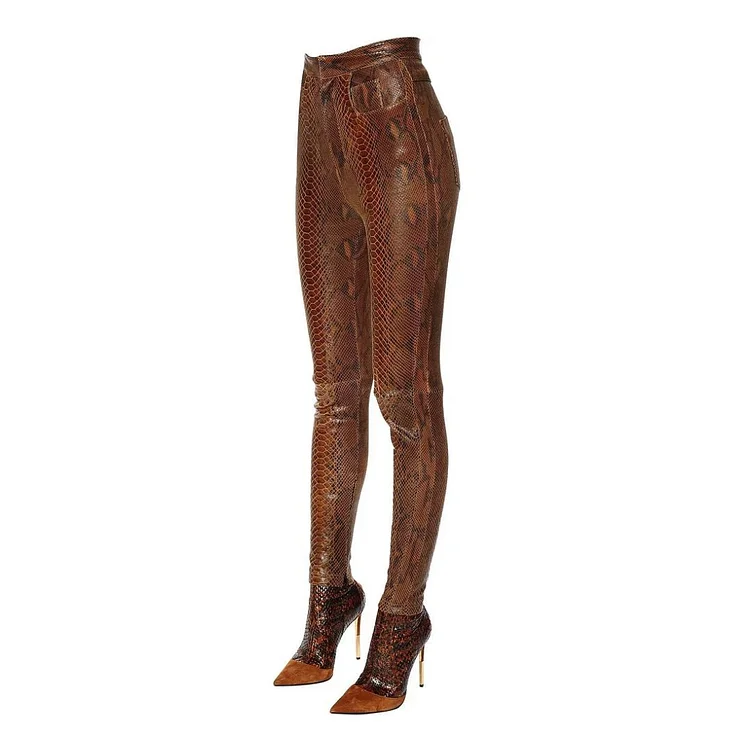 Fashion Brown Python Pointed Toe Stiletto Heels Sexy Legging Boots |FSJ Shoes