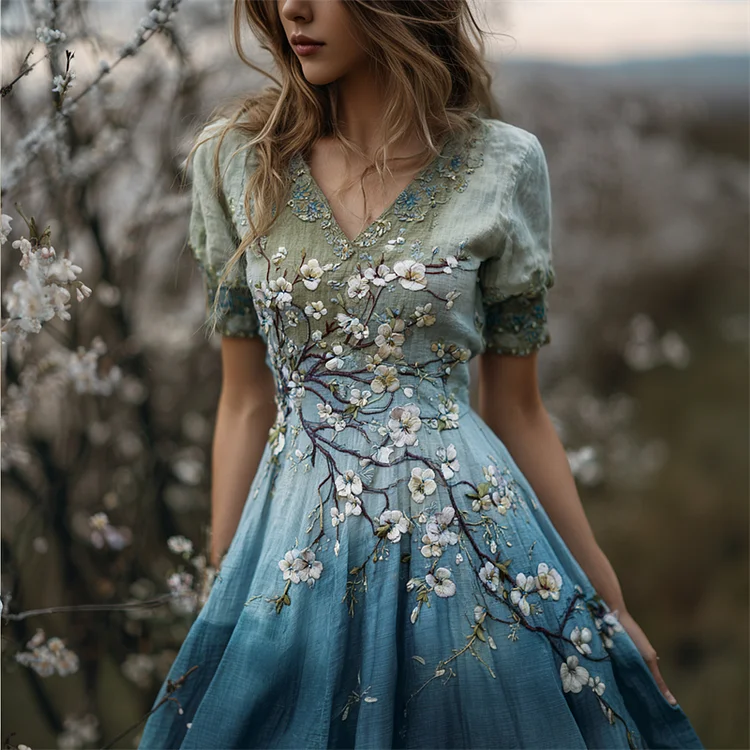 Almond Blossom Embroidered Gradient Linen Maxi Dress
