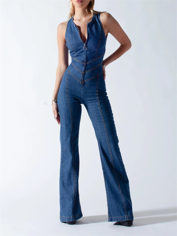Ootddress Denim Backless Sleeveless Jumpsuits Female Hollow Out Slim Fashion Heart Cutout Y2k Bodycon Jeans High Street Jumpsuits