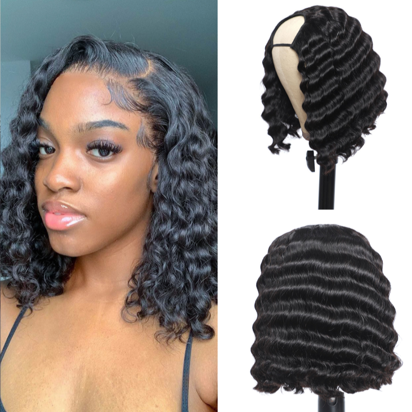 U Part Bob Wigs Human Hair Deep Wave Wigs Natural Color Bling Hair