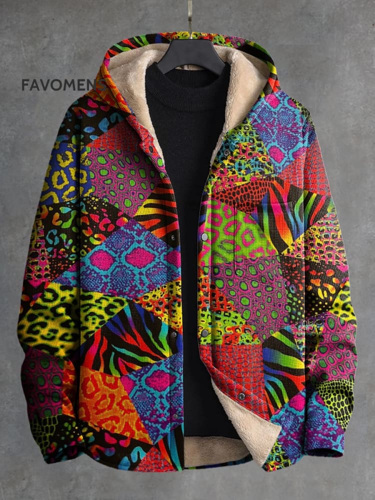 Colourful Patchwork Pattern Print Waffle Plush Thick Long-Sleeved Hooded Coat Multicolor / S