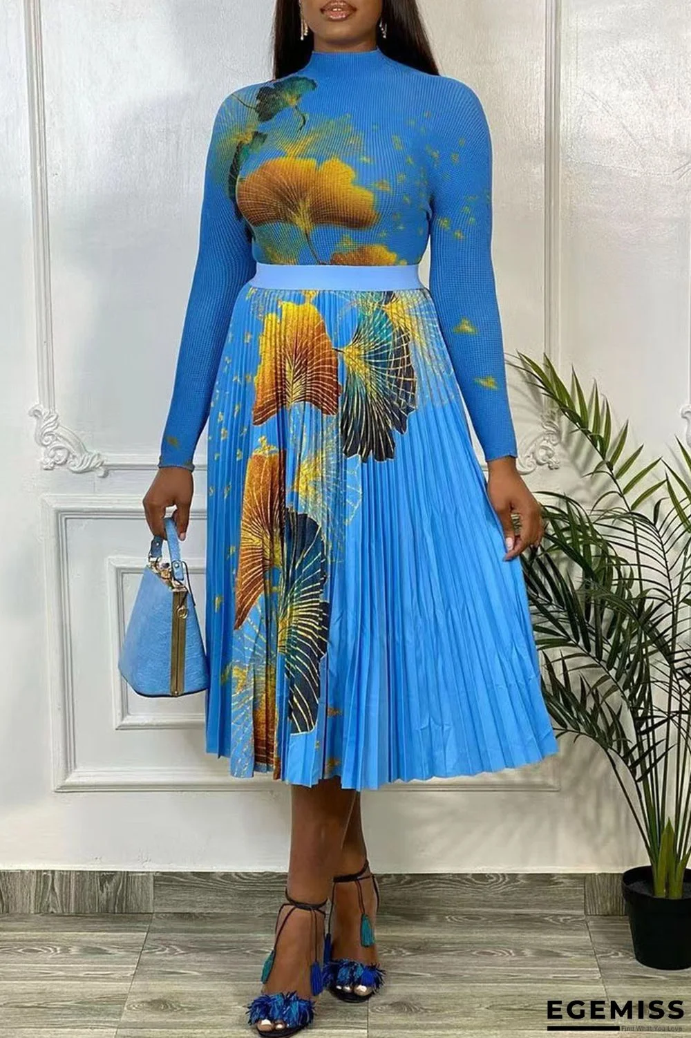 Blue Sexy Print Patchwork Fold Half A Turtleneck Long Sleeve Two Pieces | EGEMISS