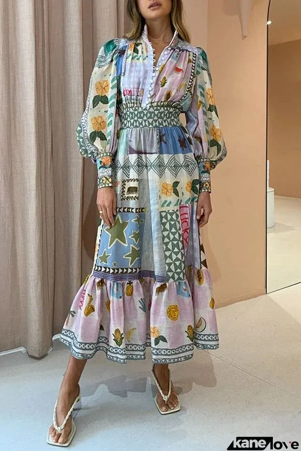 Playfully Chic Unique Print Balloon Sleeve Smocked Waist Shirt Midi Dress