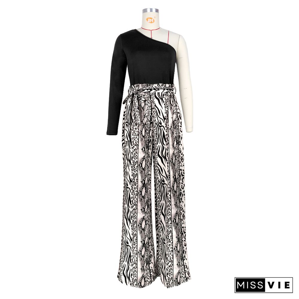 Single Shoulder Patchwork Lace Up Wide Leg Jumpsuits